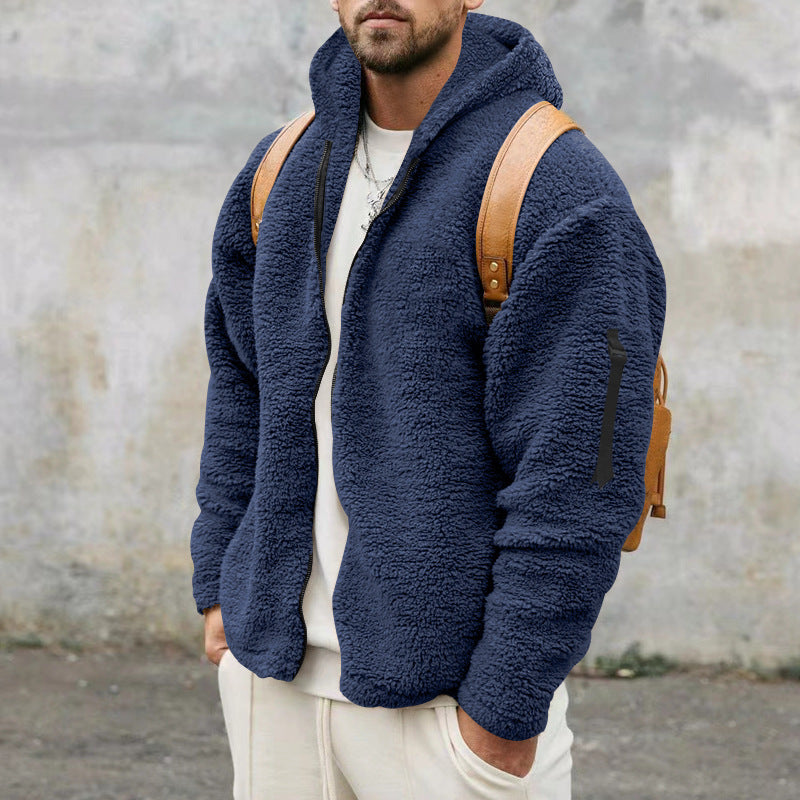 Men's Plush Hooded Fleece Jacket – Double-Sided Reversible Coat