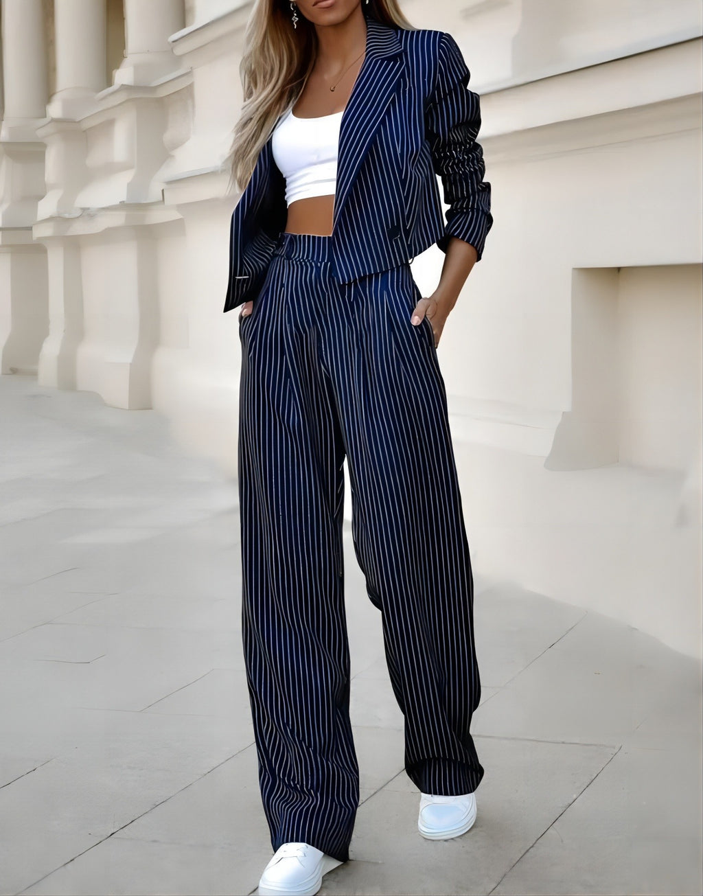Ensemble deux pièces rayé pour femme – Haut court à revers et pantalon droit