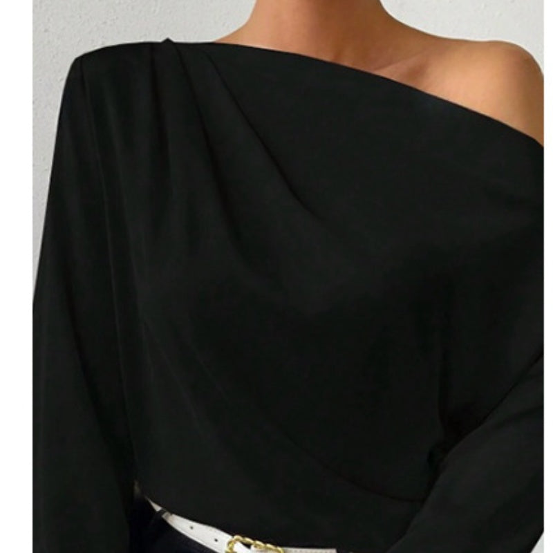 Women's Asymmetric Off-Shoulder Long Sleeve Top Solid Color Apricot Black White Yellow Green – AdriaPulse