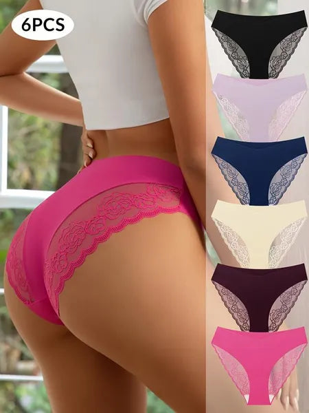 Lot de 6 culottes triangle en dentelle sexy multicolore, taille basse élastique, lingerie tendance pour femme avec dentelle patchwork effet lifting des hanches