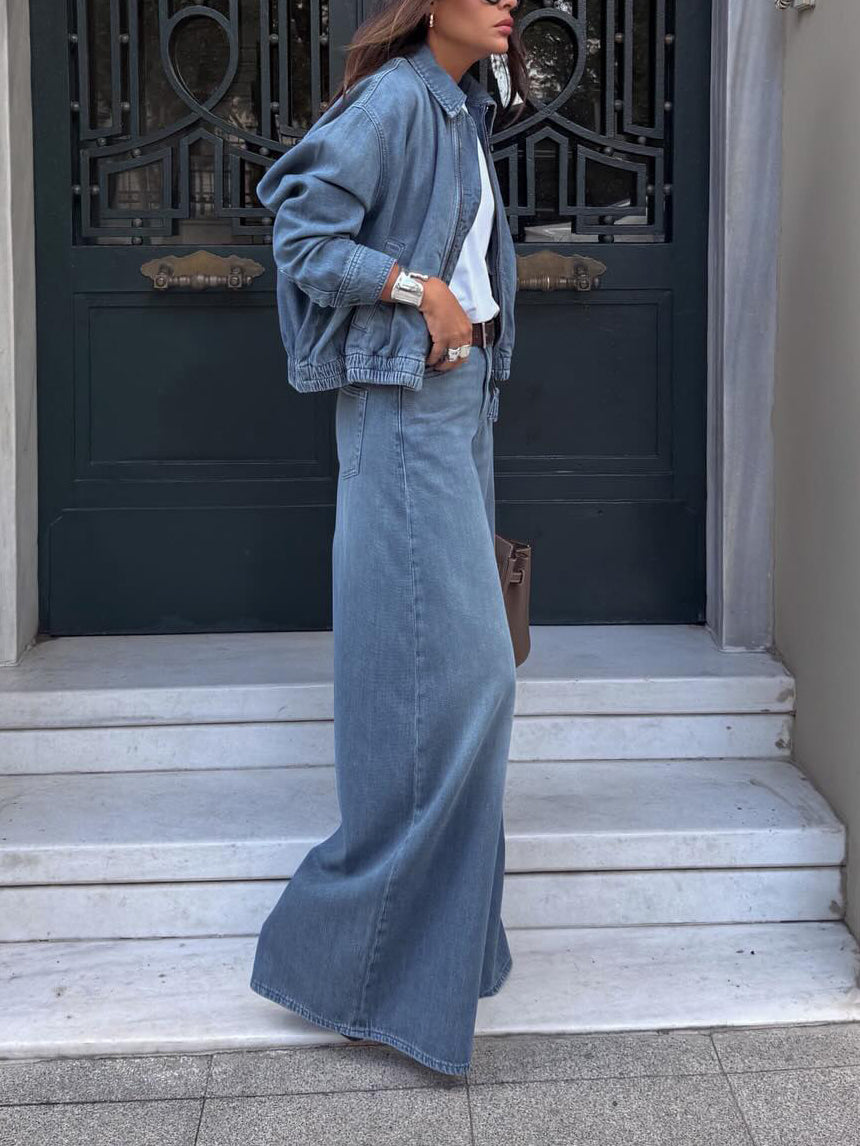 Women's Light Blue Denim Cropped Jacket and Wide Leg Jeans Matching Set – AdriaPulse