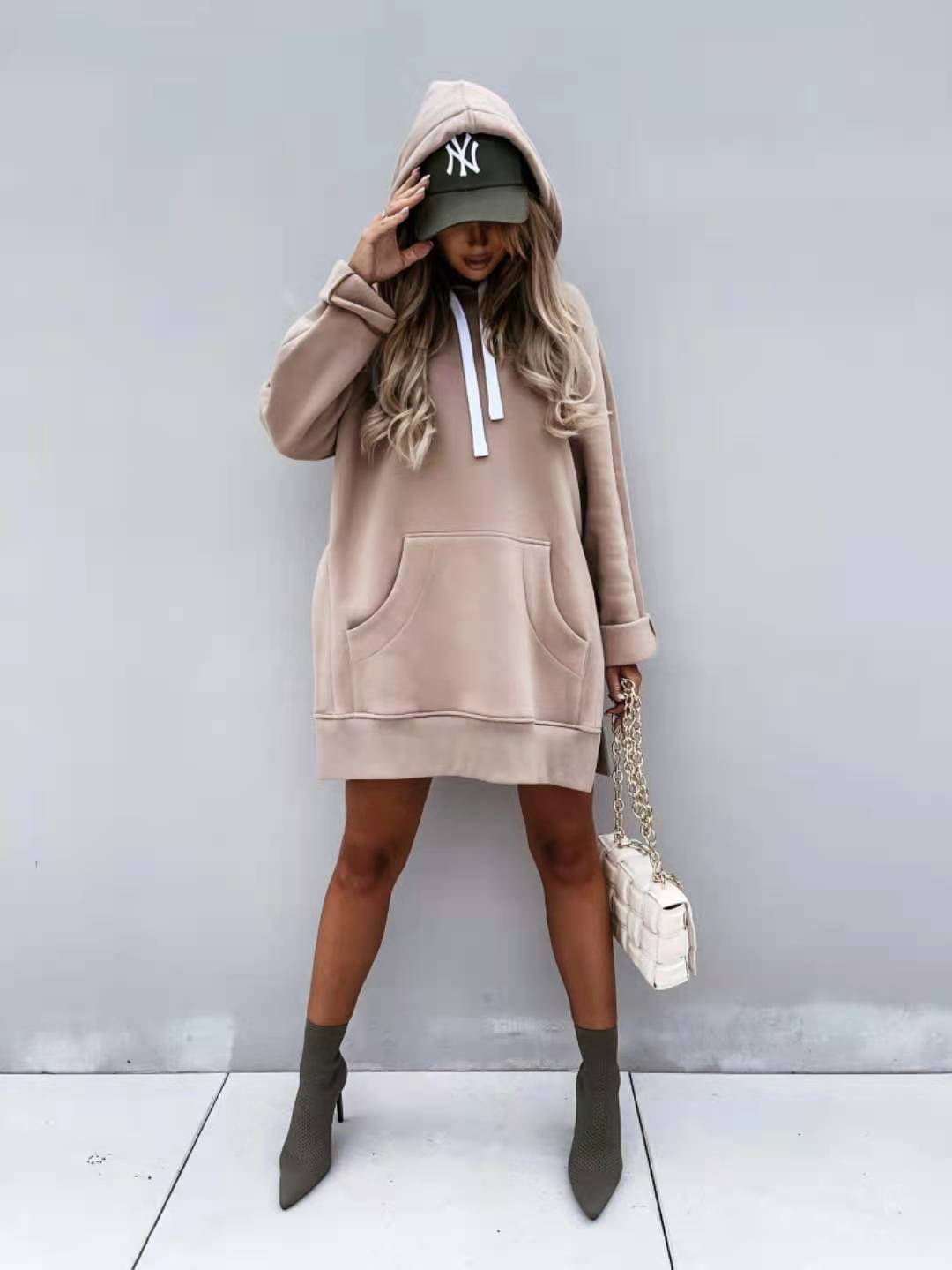 Damen Kapuzenpullover mit Taschen Mode Lässiger Split Mittellanger Pullover Kordelzug Oberteile