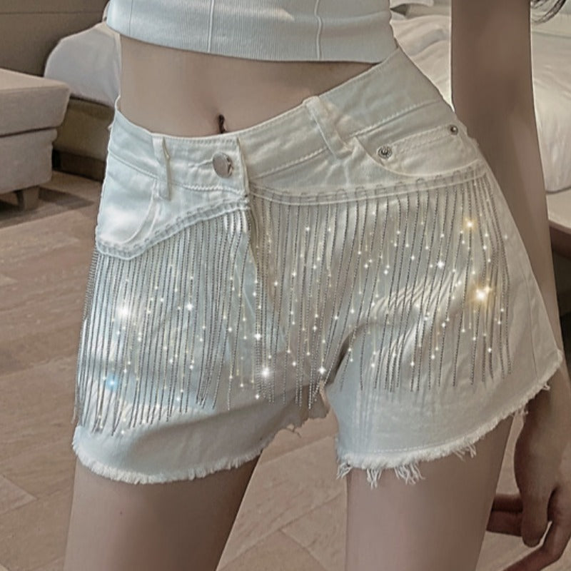 Women's High Waist Denim Shorts – Chain & Tassel Detail | Black & White