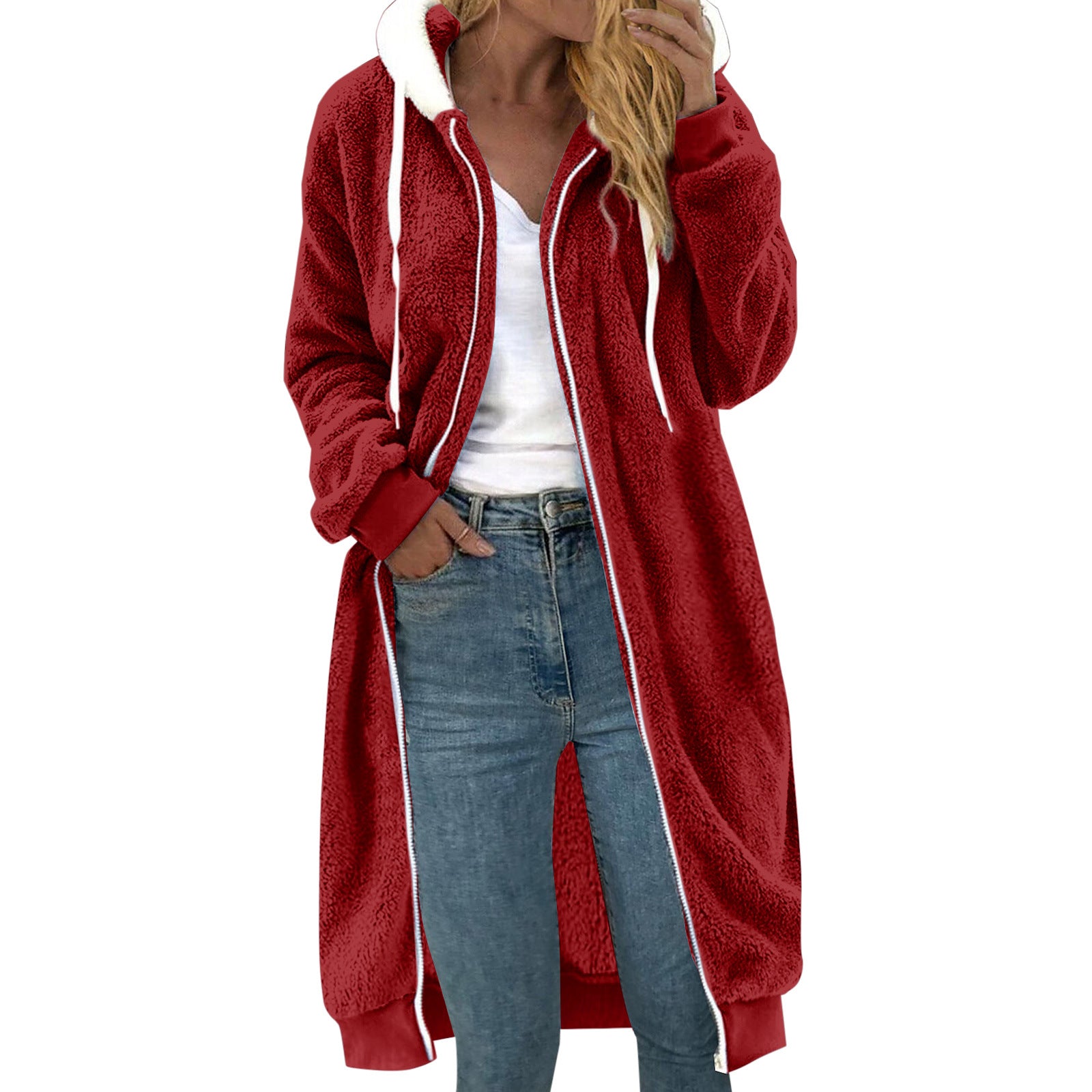 Manteau à capuche en peluche double face mi-long épais pour femme