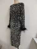 Long Sleeve Miniskirt Sequined Feather Decorated Evening Dress