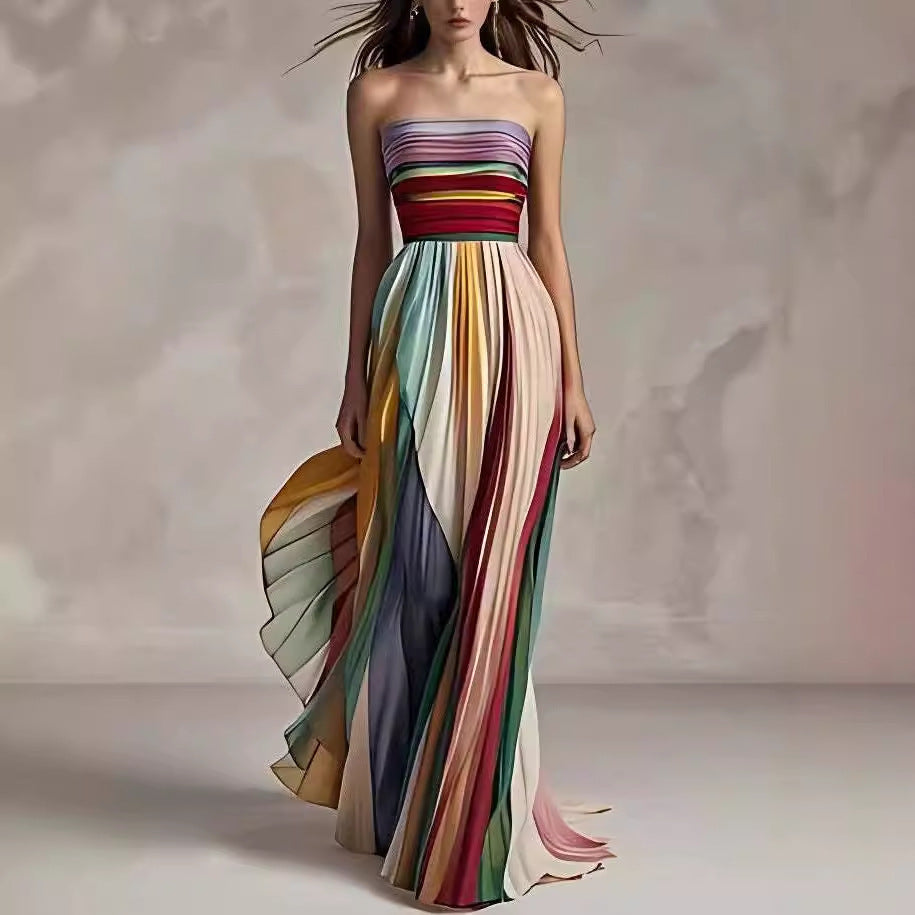 Women's Tube Top Backless Striped Maxi Dress High Waist A-Line Swing – AdriaPulse
