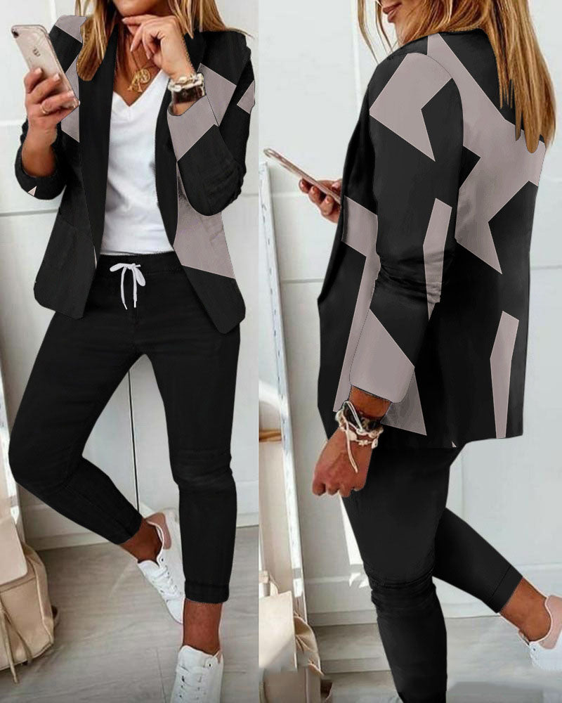 Multicolor Print Casual Suit Commuter Blazer Pants Set