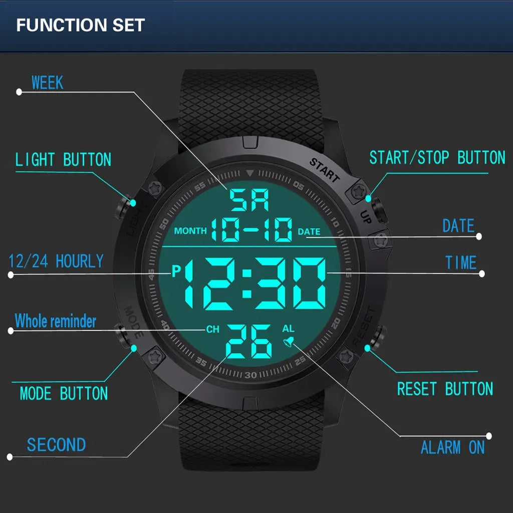 Men's Waterproof Digital Military Tactical LED Sports Watch Wristwatch Black Front View – AdriaPulse