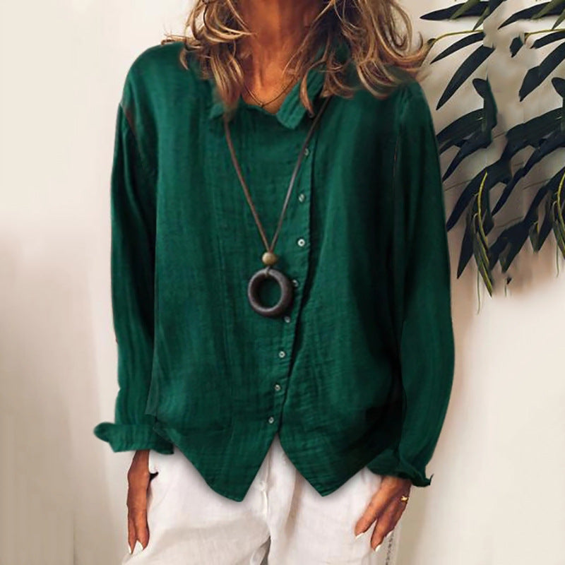 Women's Loose Cotton Linen Long Sleeve Shirt Solid Color – AdriaPulse