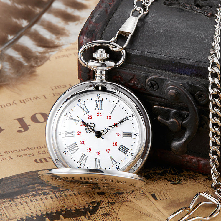 Engraved Vintage Quartz Pocket Watch – Alloy Case with Chain, 45mm