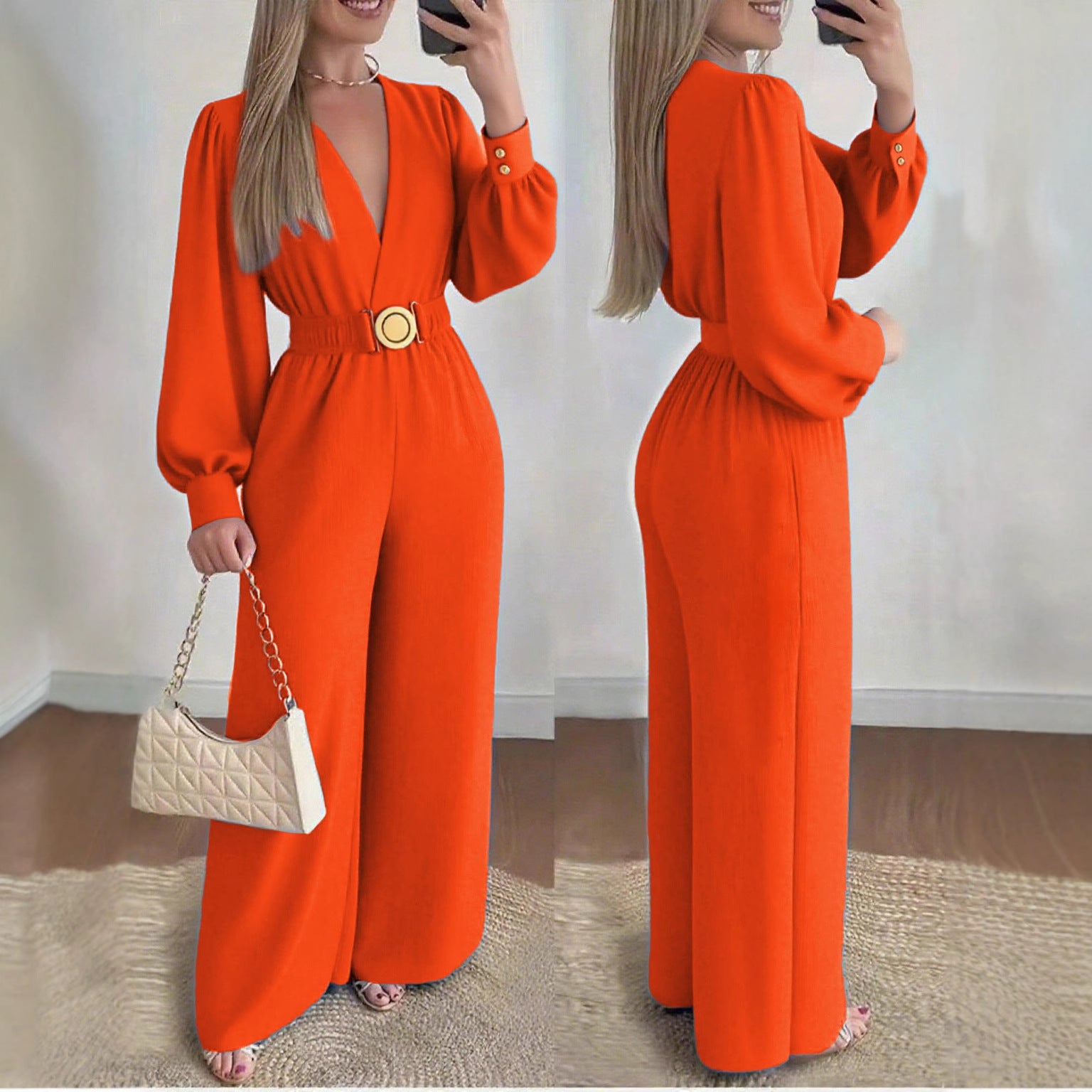 Women's Deep V-Neck Long Sleeve Jumpsuit Elegant Orange – AdriaPulse