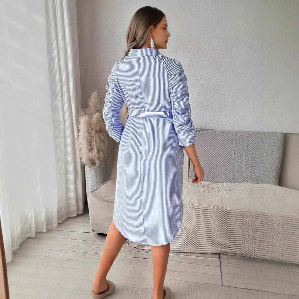 Women's Striped Maternity Dress – Lapel Button Asymmetric Midi Dress for Pregnancy