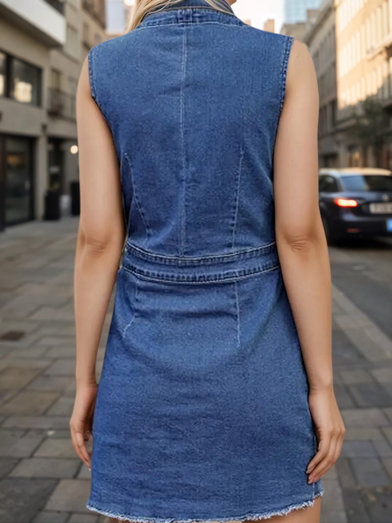 Women's Sleeveless V-Neck Denim Dress Button Detail Frayed Hem – AdriaPulse