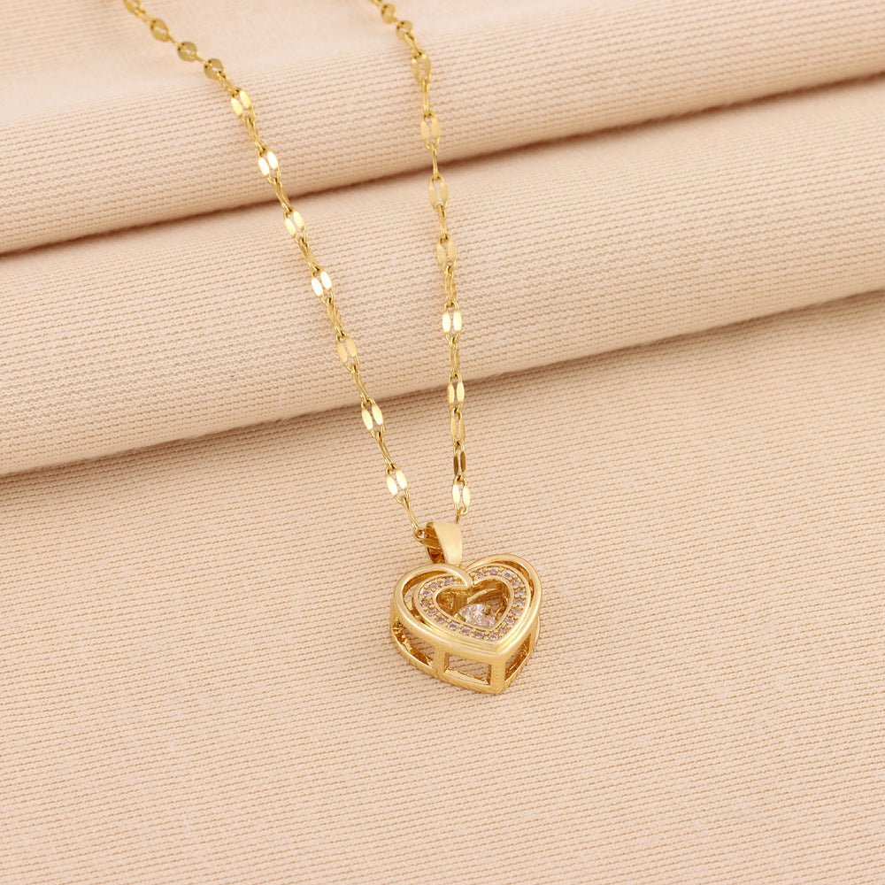 Double Layer Heart Necklace | Rhinestone Titanium Steel Pendant – Women's Gift