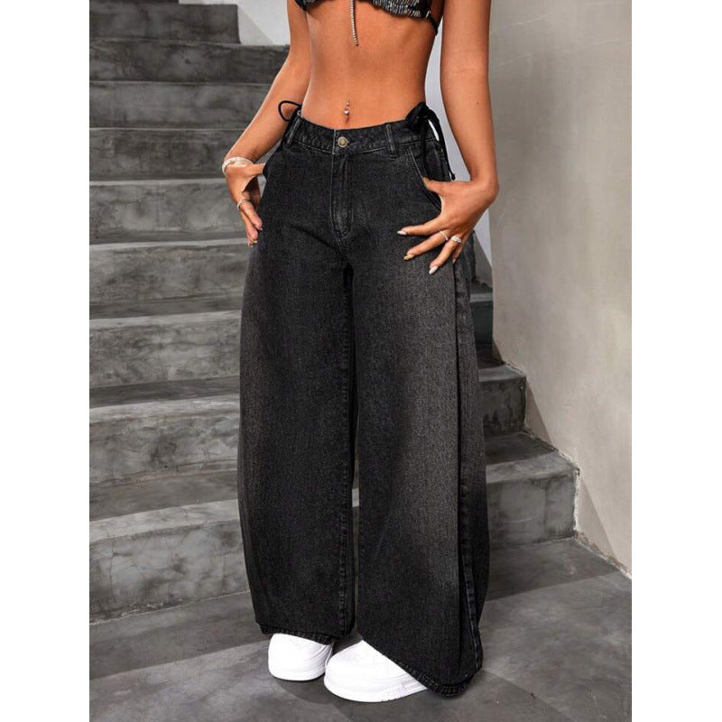 Damen Retro Capri-Jeans mit weitem Bein – Hoher Bund Locker geschnittener schwarzer Denim