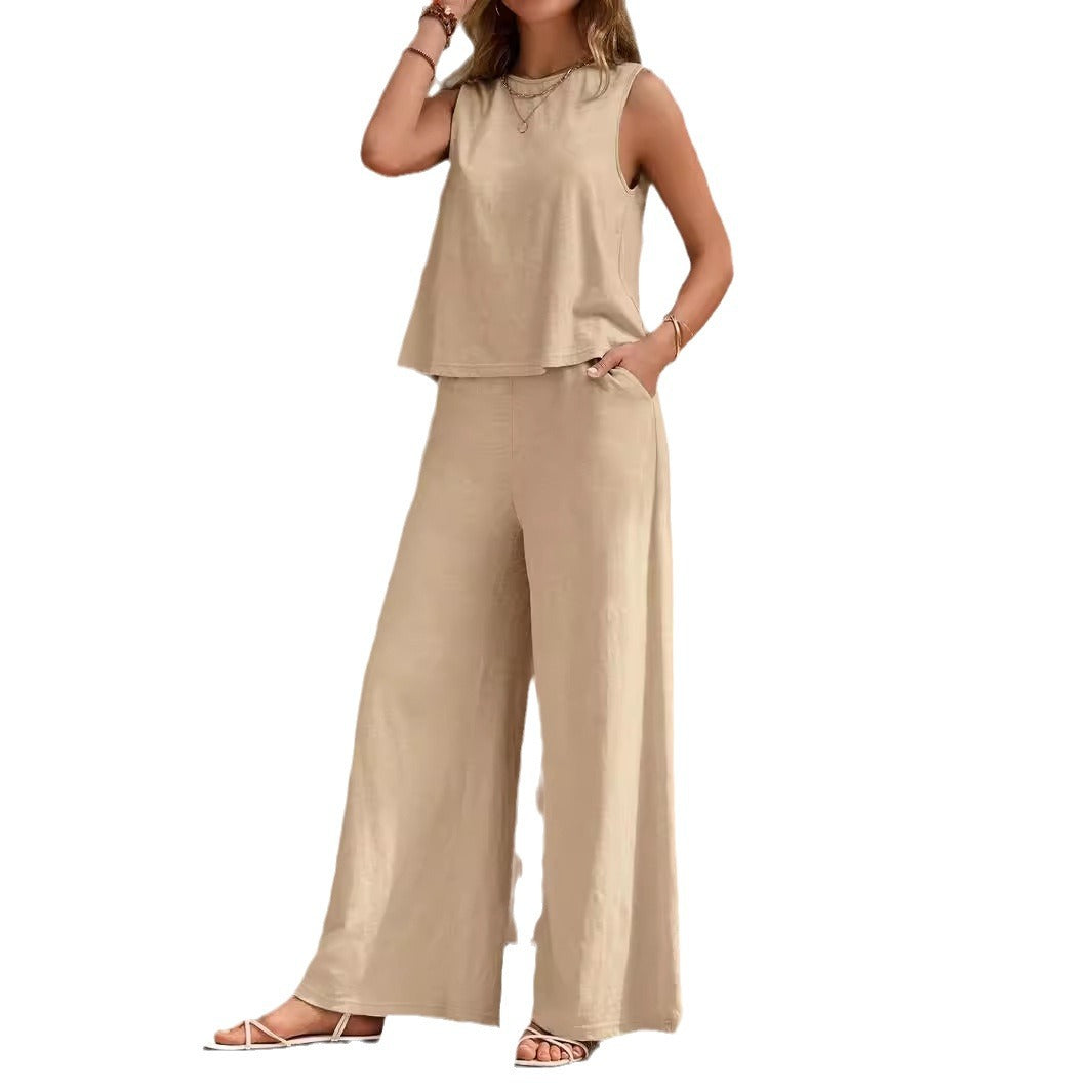 Ärmelloser Zweiteiler für Damen – Lässiges weites Oberteil & Hose mit weitem Bein