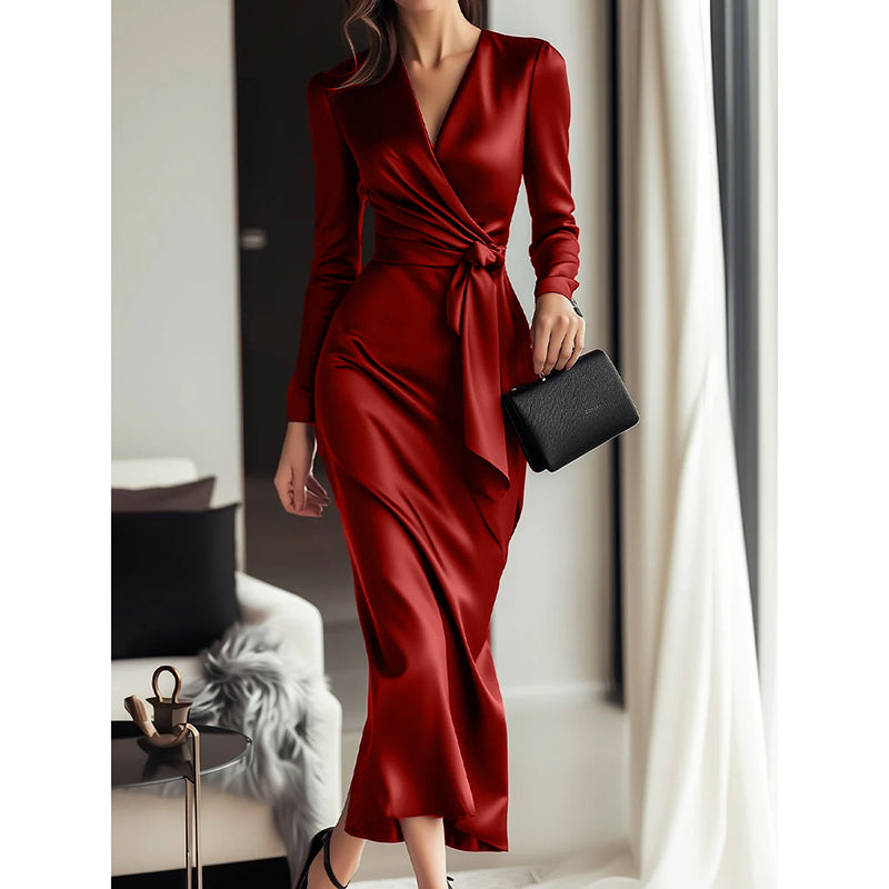 Women's Burgundy Satin Midi Dress V-Neck Long Sleeve Bodycon with Belted Waist Burgundy Front View – AdriaPulse