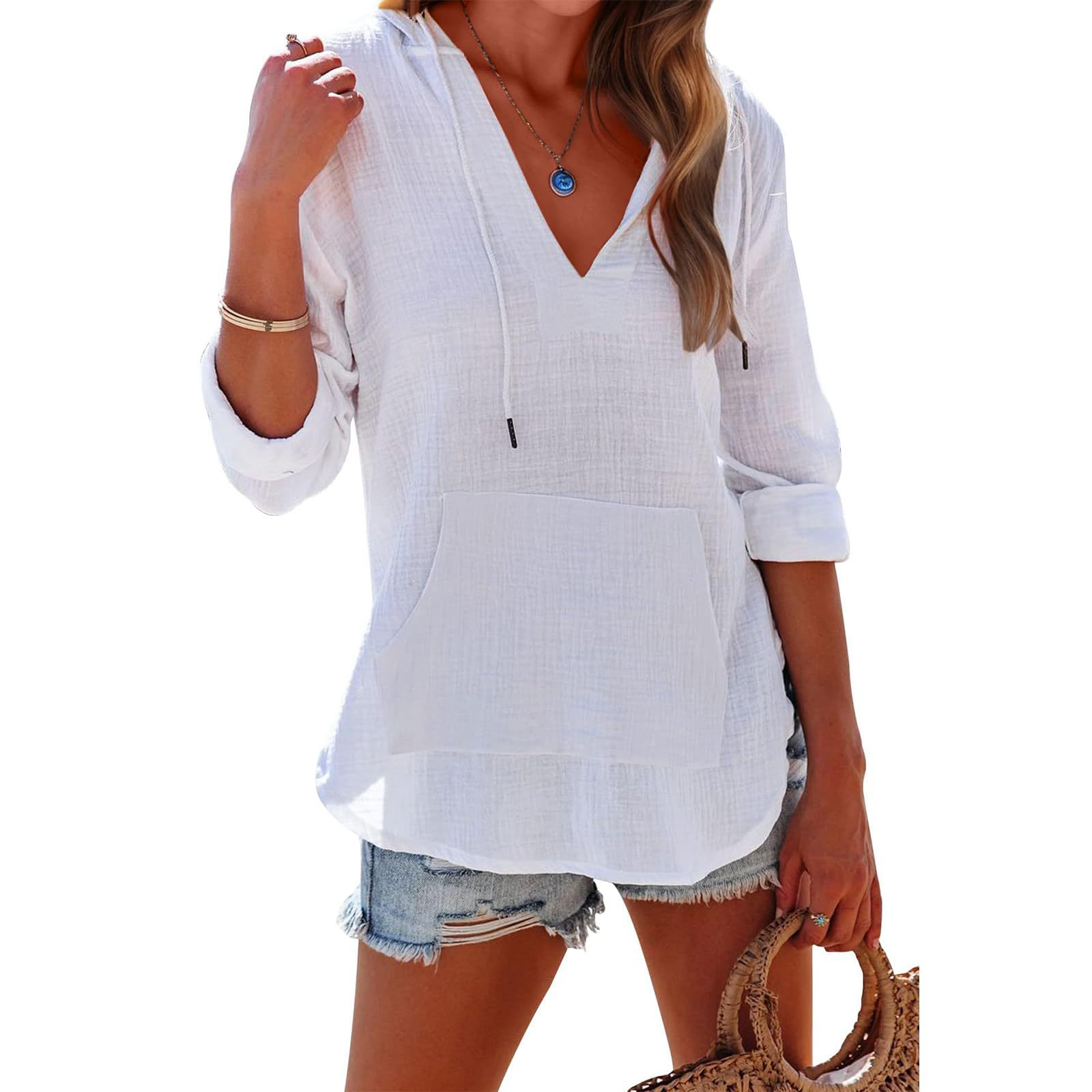 T-shirt à capuche à manches longues et col en V pour femme avec poches – Haut ample en coton