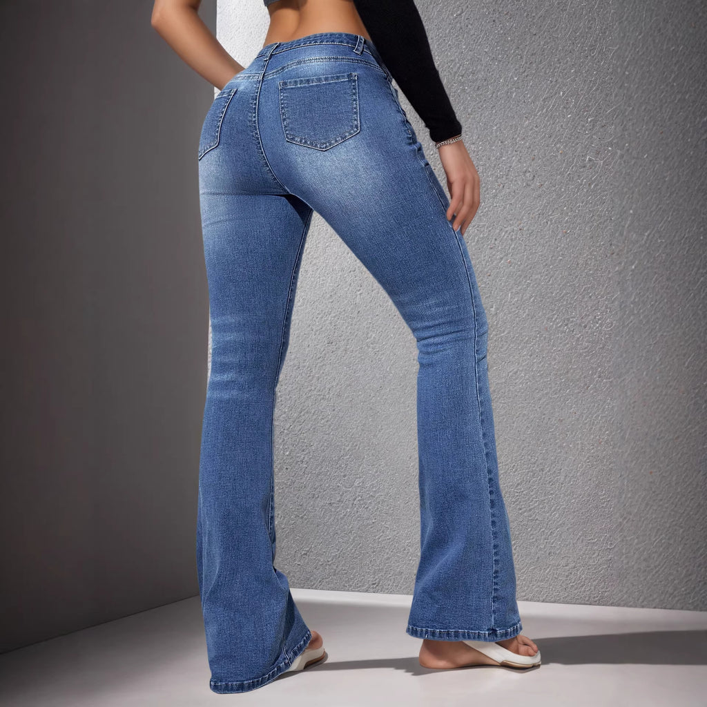 Women's Stretch Flared Denim Jeans High Rise Ice Washed in Sapphire Blue – AdriaPulse