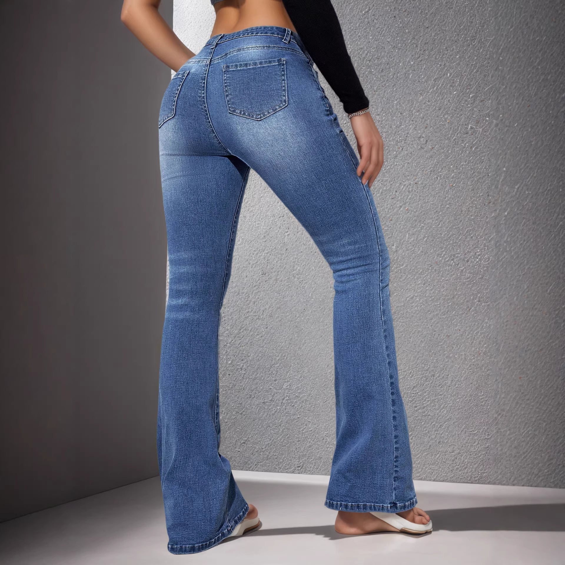 Women's Stretch Flared Denim Jeans High Rise Ice Washed in Sapphire Blue – AdriaPulse