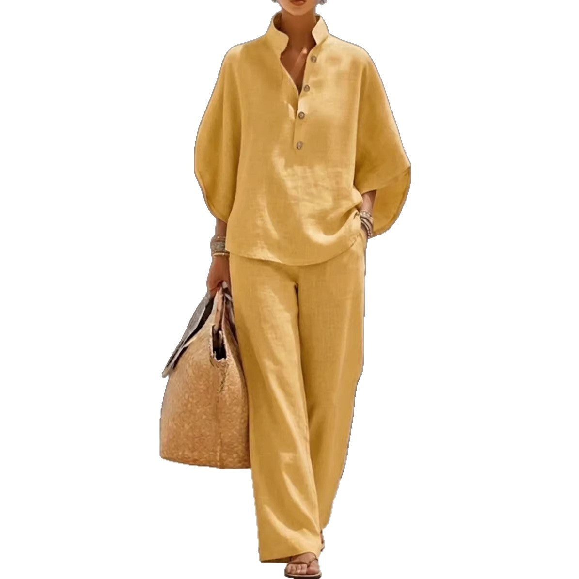 Women's Short Sleeve Top & Straight-Leg Trousers Two-Piece Suit – Casual Linen-Look Co-Ord Set
