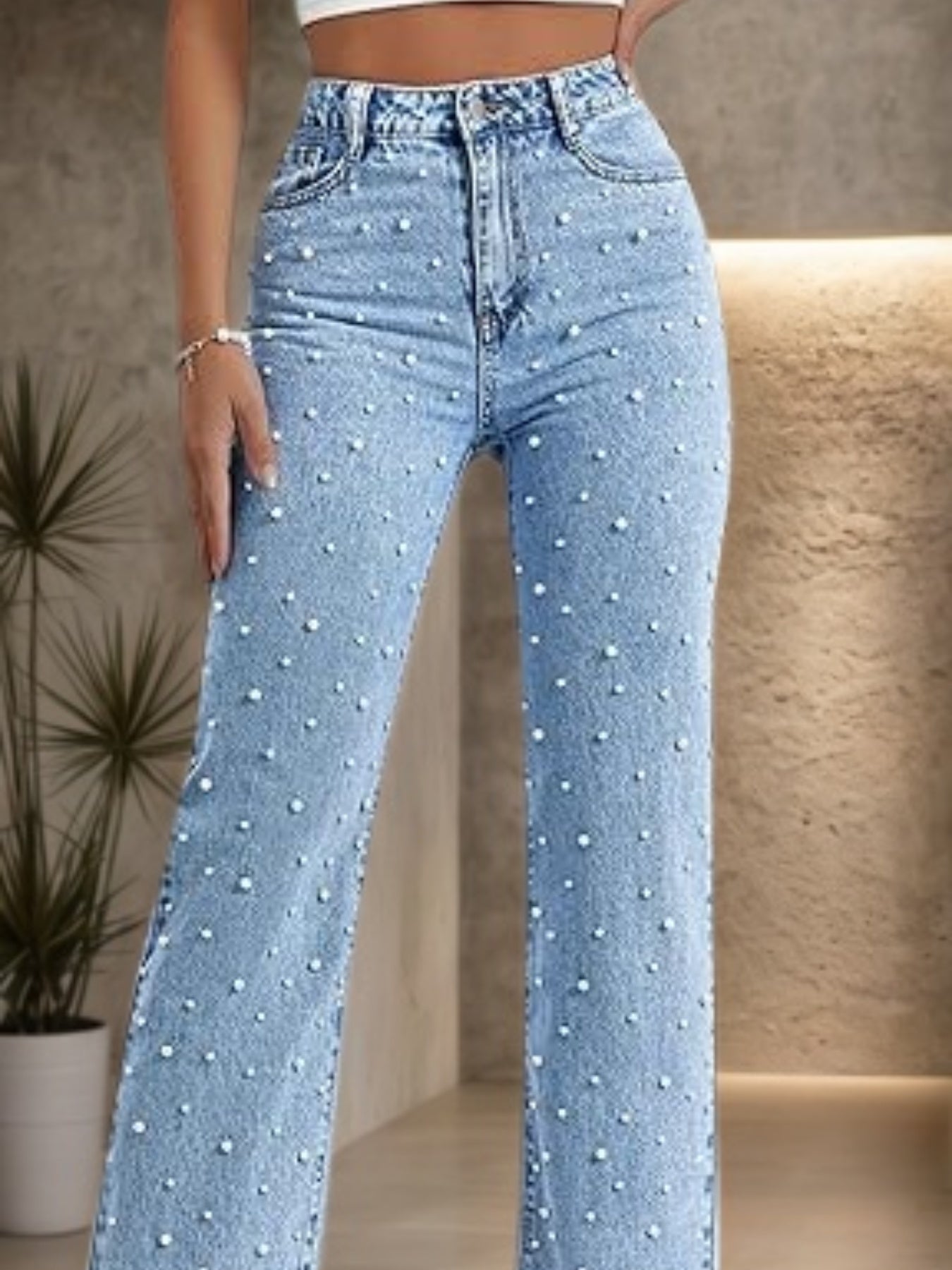 Women's Washed Straight Leg Denim Pants Nail Bead Detail – Blue – Front View	AdriaPulse