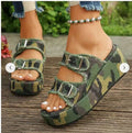 Women's Denim Buckle Wedge Sandals Thick Sole – Army Green | AdriaPulse