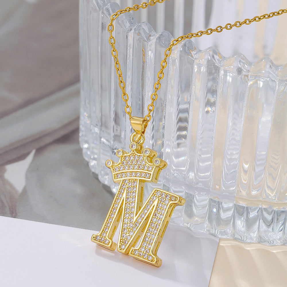 Gold Crown Initial Letter Pendant Necklace – Zircon A–Z Alphabet Jewelry