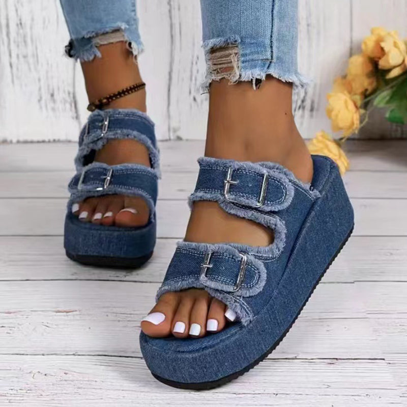 Women's Denim Buckle Wedge Sandals Thick Sole – | AdriaPulse