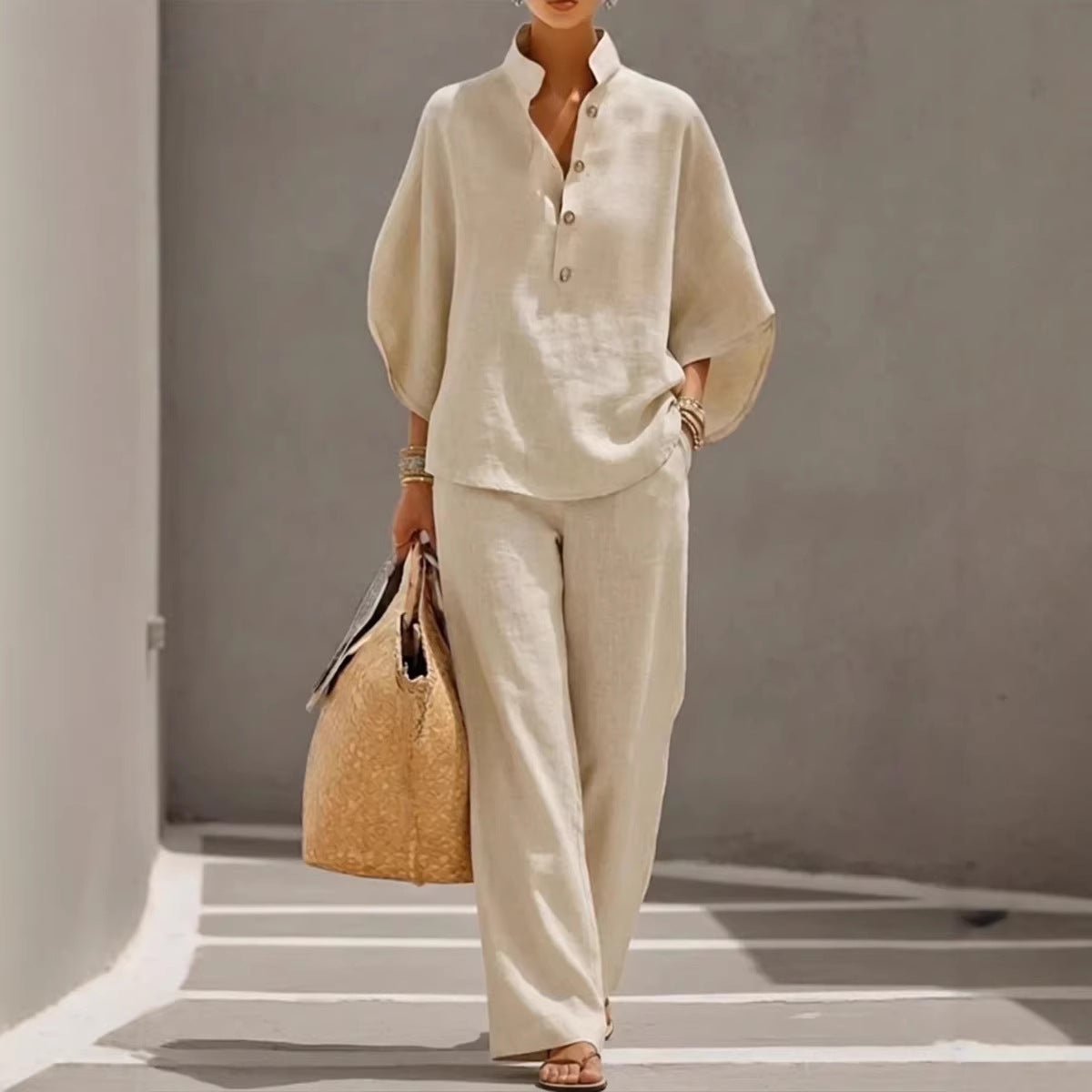 Women's Short Sleeve Top Straight-Leg Trousers Two-Piece Suit Casual Linen-Look Co-Ord Set – AdriaPulse
