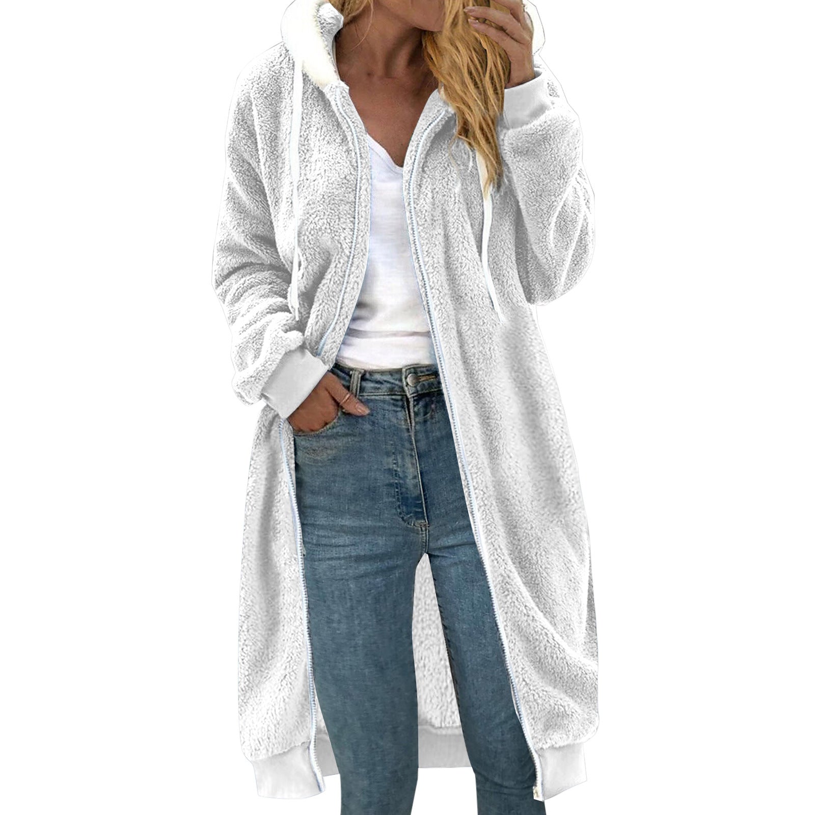 Manteau à capuche en peluche double face mi-long épais pour femme