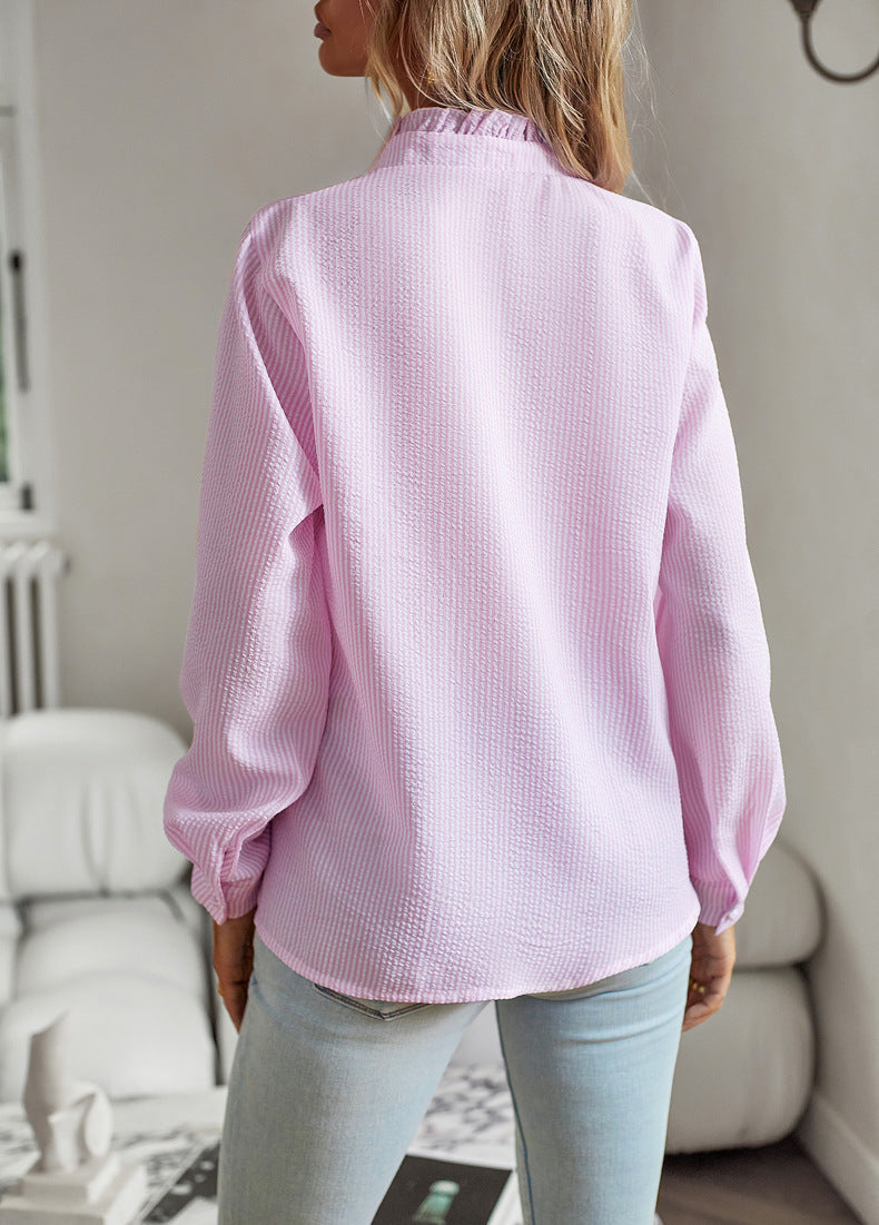 Gestreiftes Langarmshirt, modisches Rüschendesign, geknöpfte Oberteile, lässige Bürobluse, elegante Damenkleidung für Pendler
