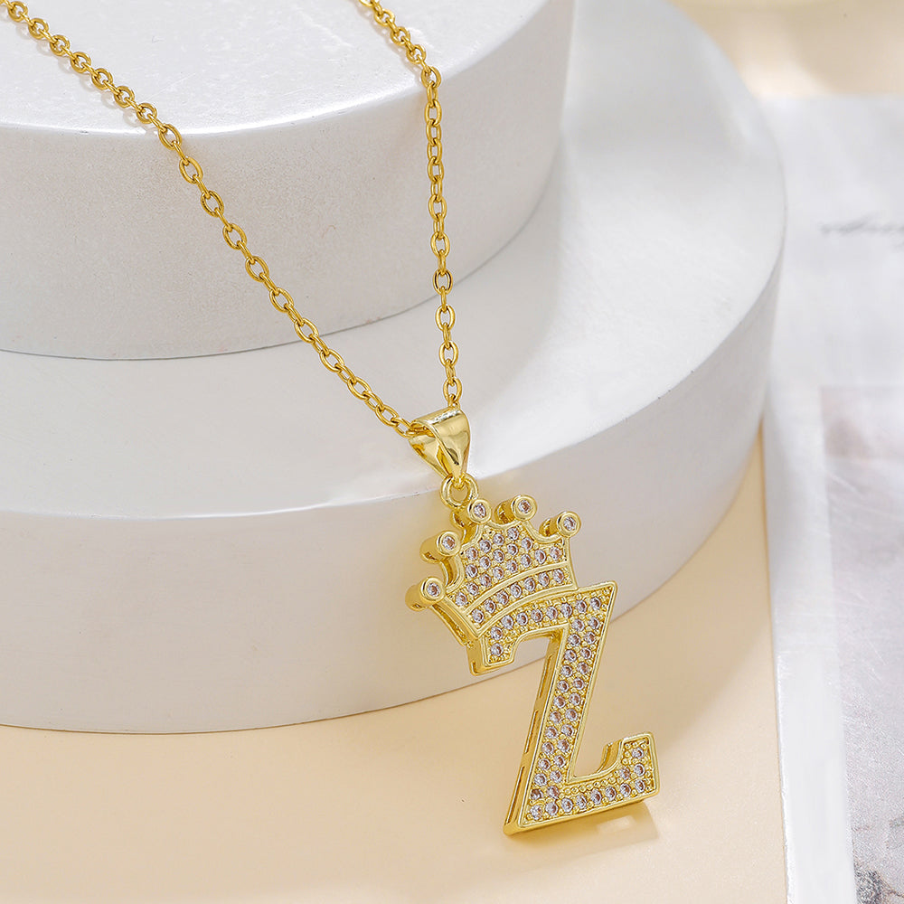 Gold Crown Initial Letter Pendant Necklace – Zircon A–Z Alphabet Jewelry