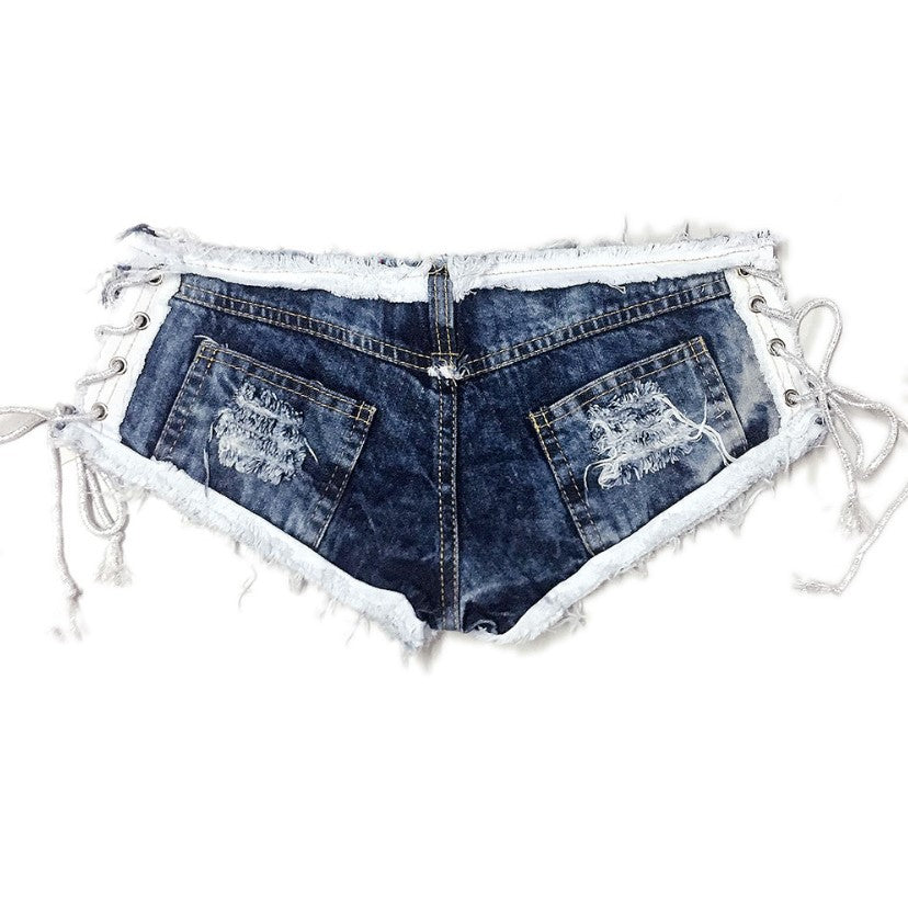 "Women's low waist distressed light wash denim shorts with zipper detail, sexy casual summer style – AdriaPulse"