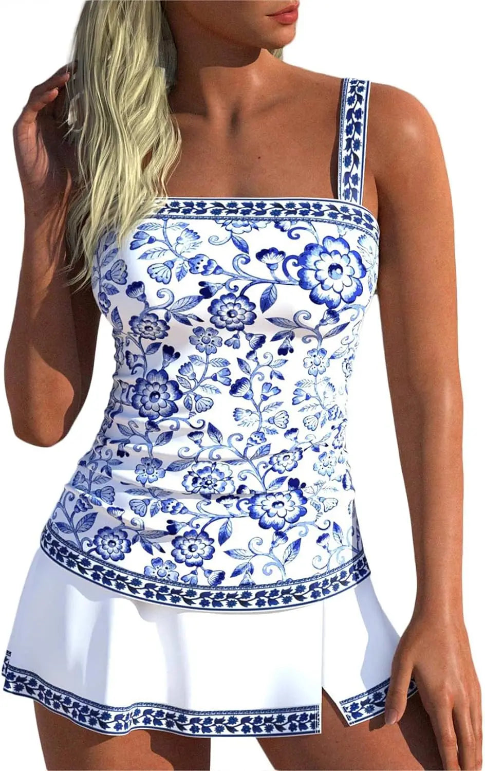 ROSEWE Damen Tankini Badeanzüge mit Bauchkontrolle, Zweiteilige geraffte Badeanzüge, Badekleid mit Blumenmuster und Rock