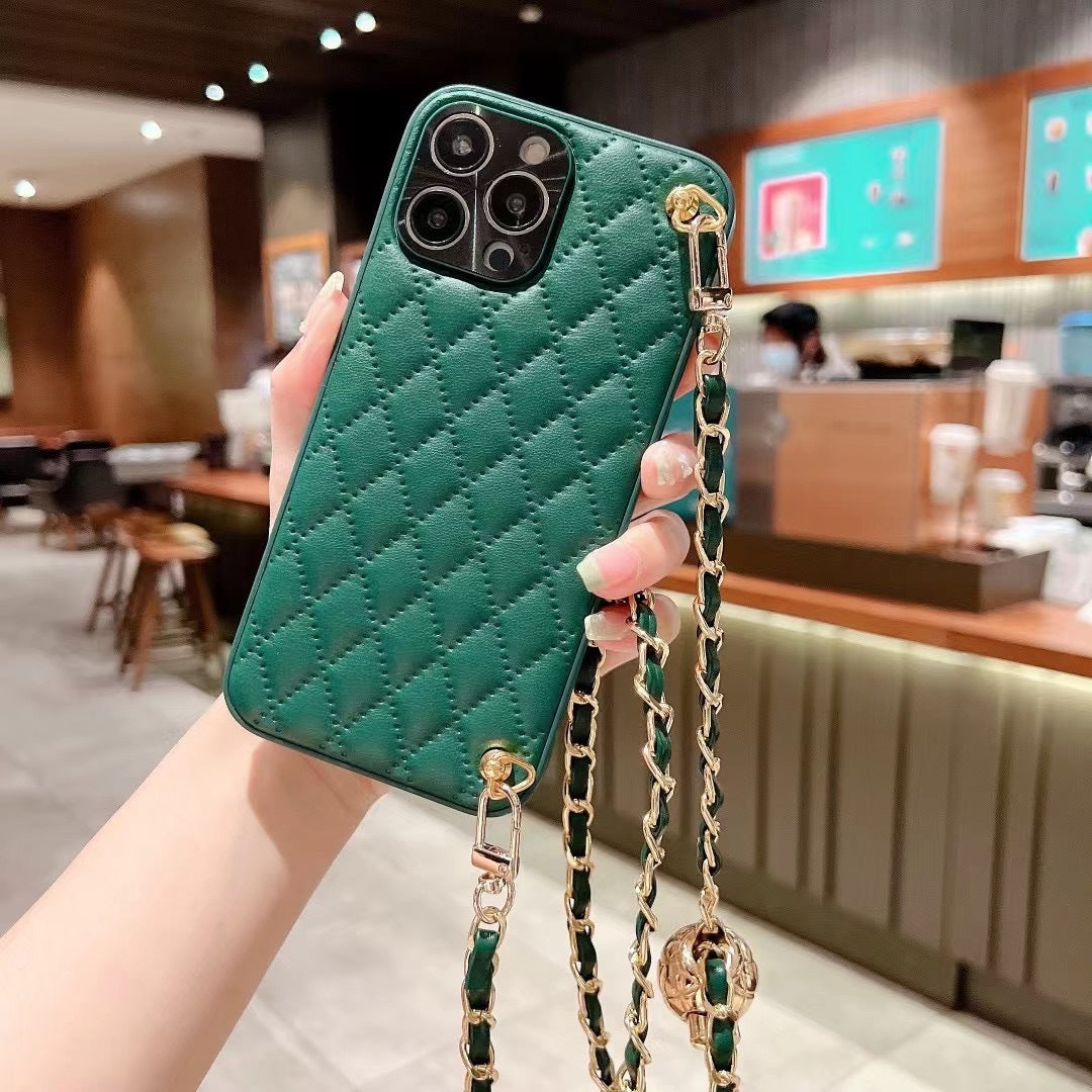 Diamond Plaid Crossbody iPhone Case – Faux Leather Wallet Case with Chain Strap