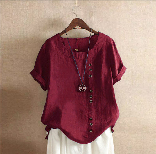 Women's Cotton Linen Short Sleeve T-Shirt Casual Spliced – AdriaPulse"