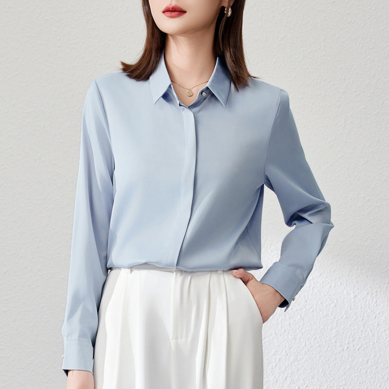 Women's Satin Long Sleeve Button Shirt Elegant OL Business Blouse – AdriaPulse
