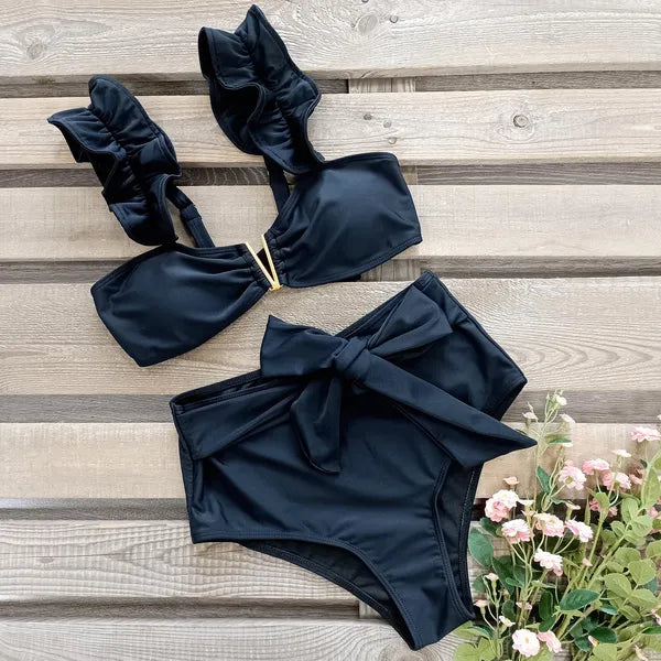 Maillot de bain bikini sexy taille haute pour femme, avec volants fendus, couleur unie, effet amincissant