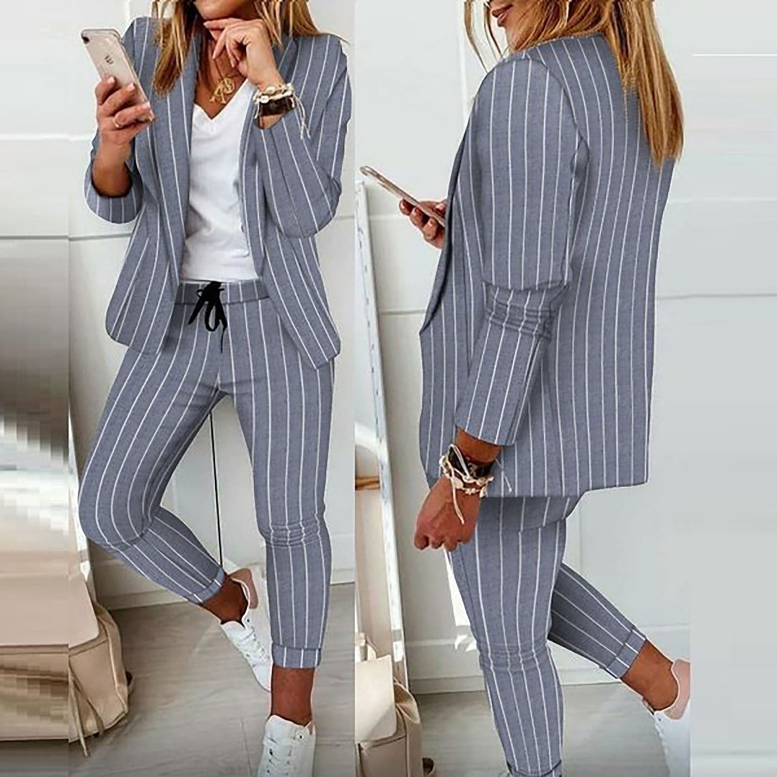 Multicolor Print Casual Suit Commuter Blazer Pants Set