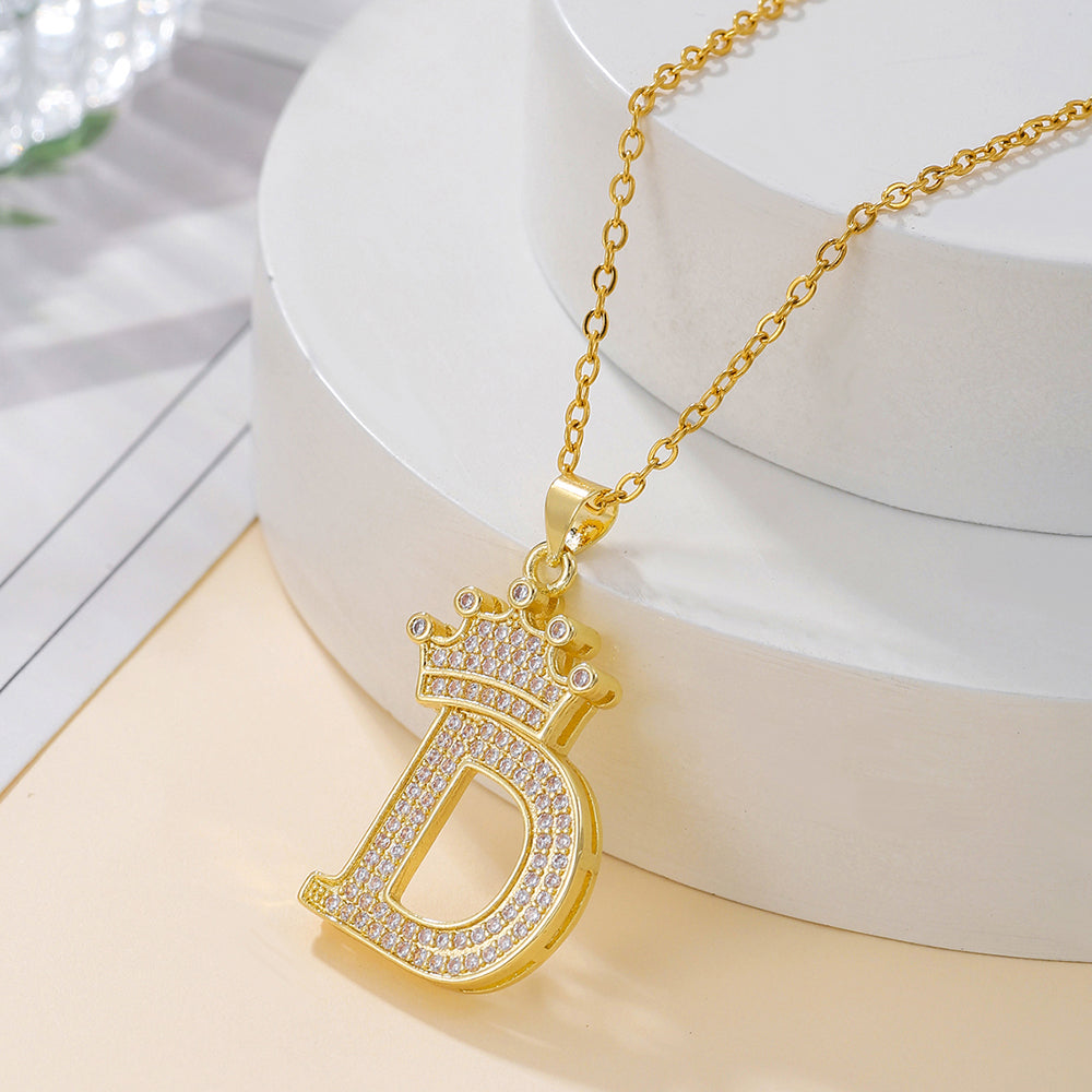 Gold Crown Initial Letter Pendant Necklace – Zircon A–Z Alphabet Jewelry