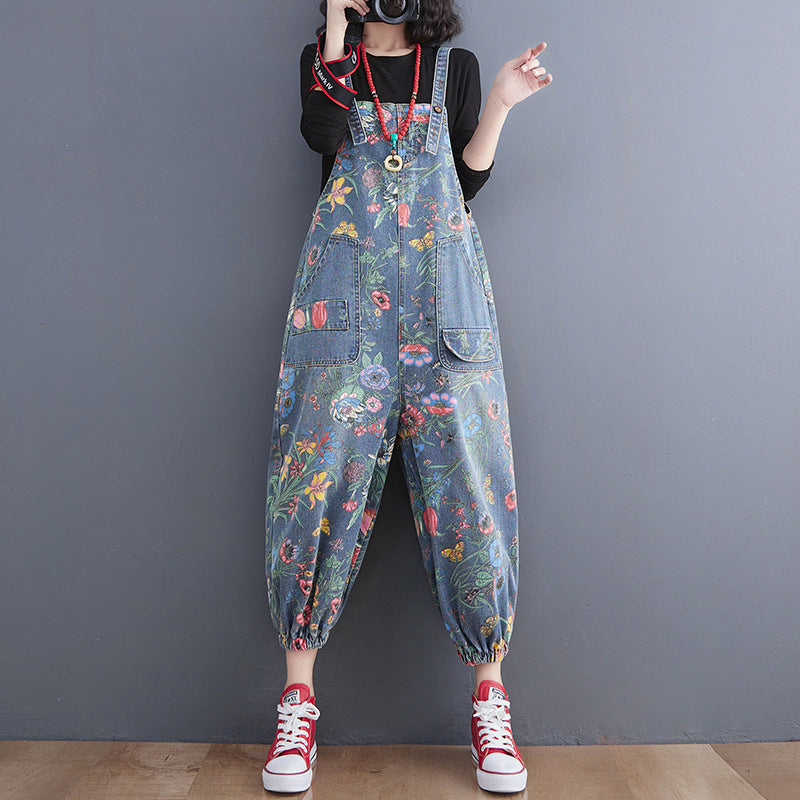 "Women's slim-fit printed denim overalls with high waist and suspender straps in blue, spring casual style – AdriaPulse"