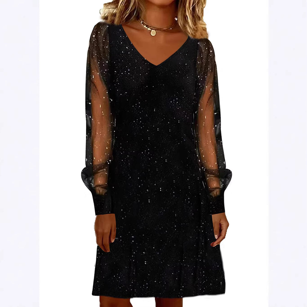 V-Neck Mesh Sleeve Mini Dress | Women's Shiny Party Dress – Autumn Winter Evening