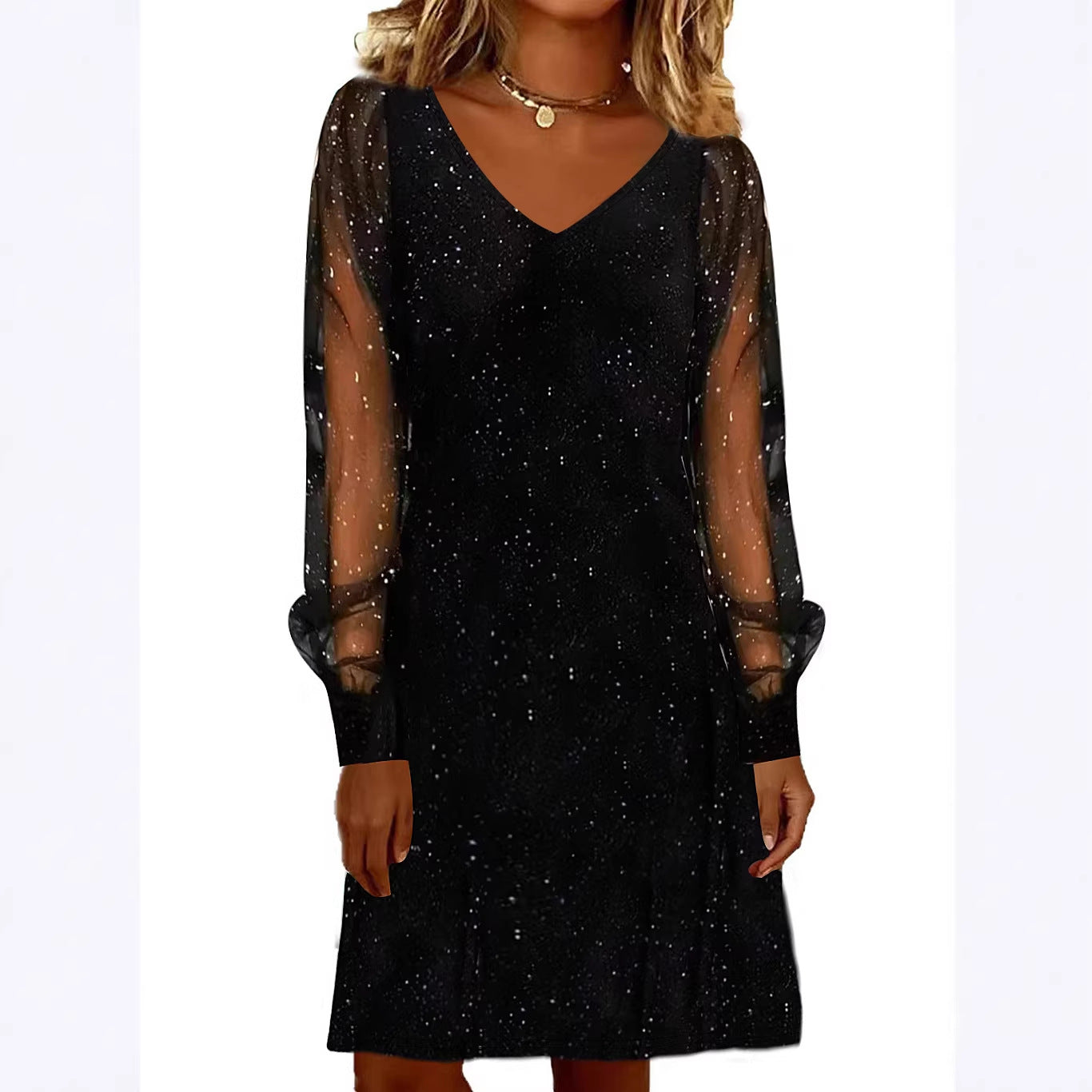 V-Neck Mesh Sleeve Mini Dress | Women's Shiny Party Dress – Autumn Winter Evening