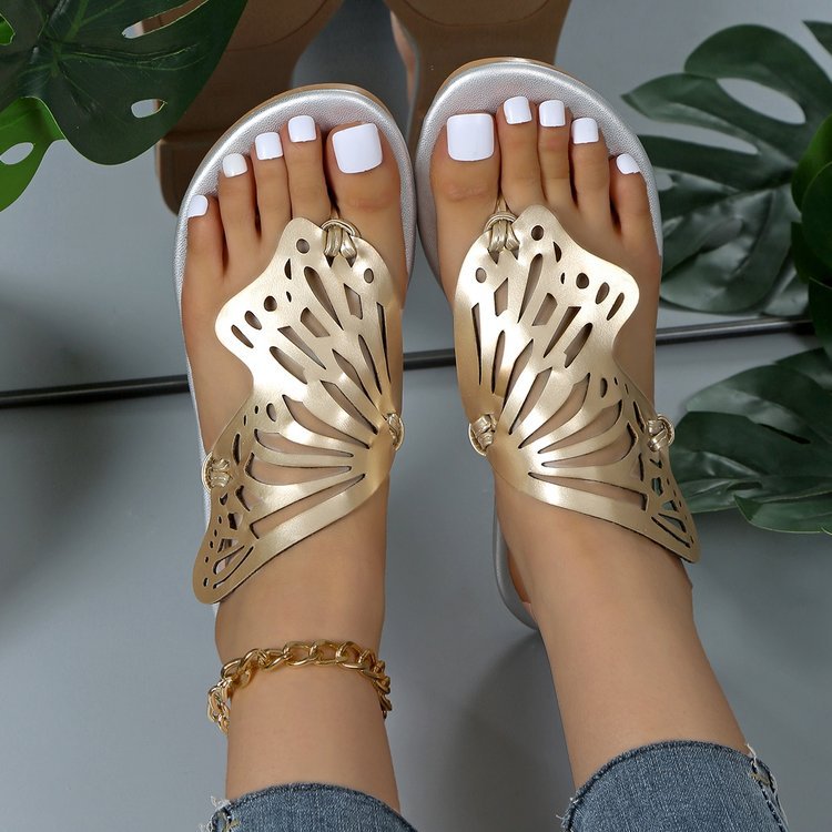 Fashion Hohl Schmetterling Flip-Flops Sommersandalen für Damen Lässige Strandschuhe Neue niedrige Absatz flache Pantoletten Hausschuhe