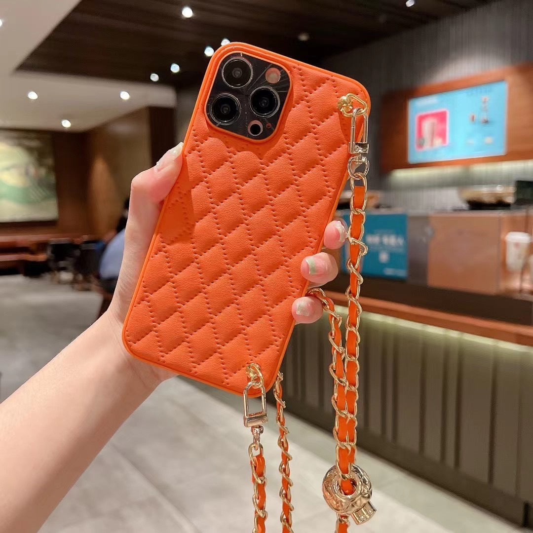 Diamond Plaid Crossbody iPhone Case – Faux Leather Wallet Case with Chain Strap