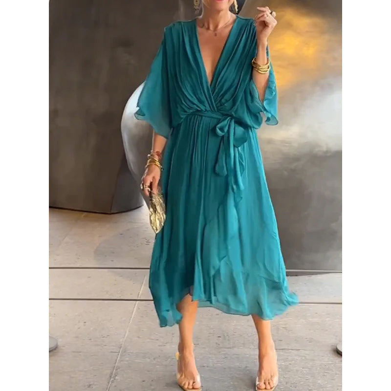 Batwing Sleeve V-Neck Midi Dress Flowy Tied Fairy Dress Women AdriaPulse
