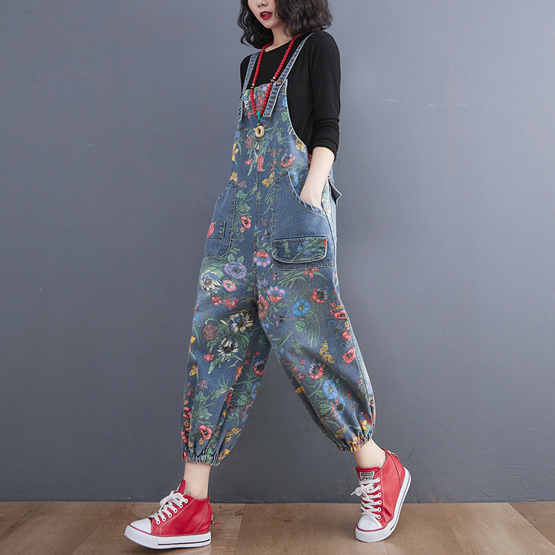 "Women's slim-fit printed denim overalls with high waist and suspender straps in blue, spring casual style – AdriaPulse"