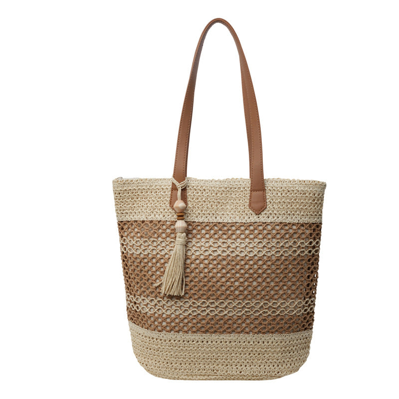 Sommer gestreifte Stroh-Schultertaschen mit Quasten-Anhänger, modische Strandtaschen mit großer Kapazität für den Urlaub am Meer