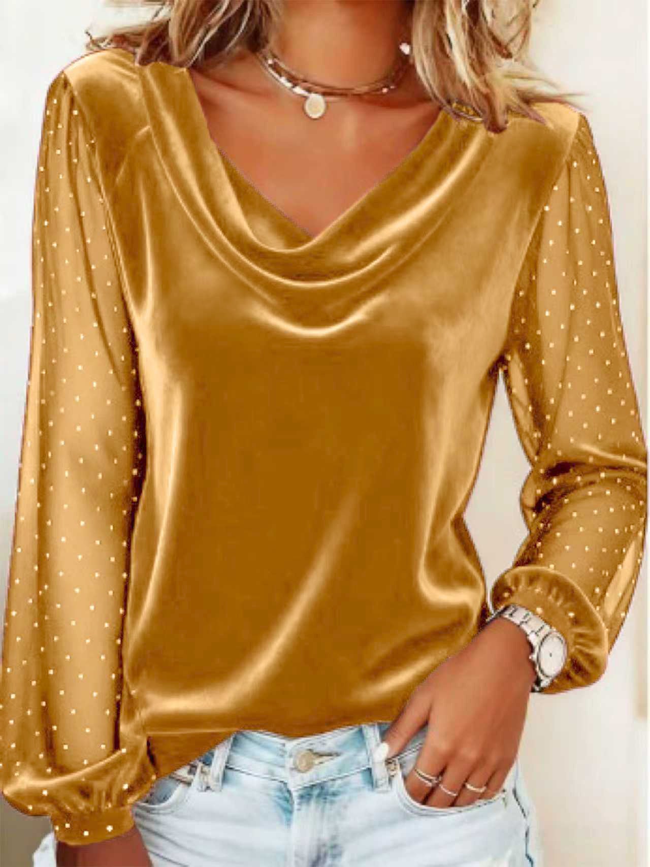 Women's Velvet V-Neck Long Sleeve Top | Rhinestone Mesh Elegant Tee